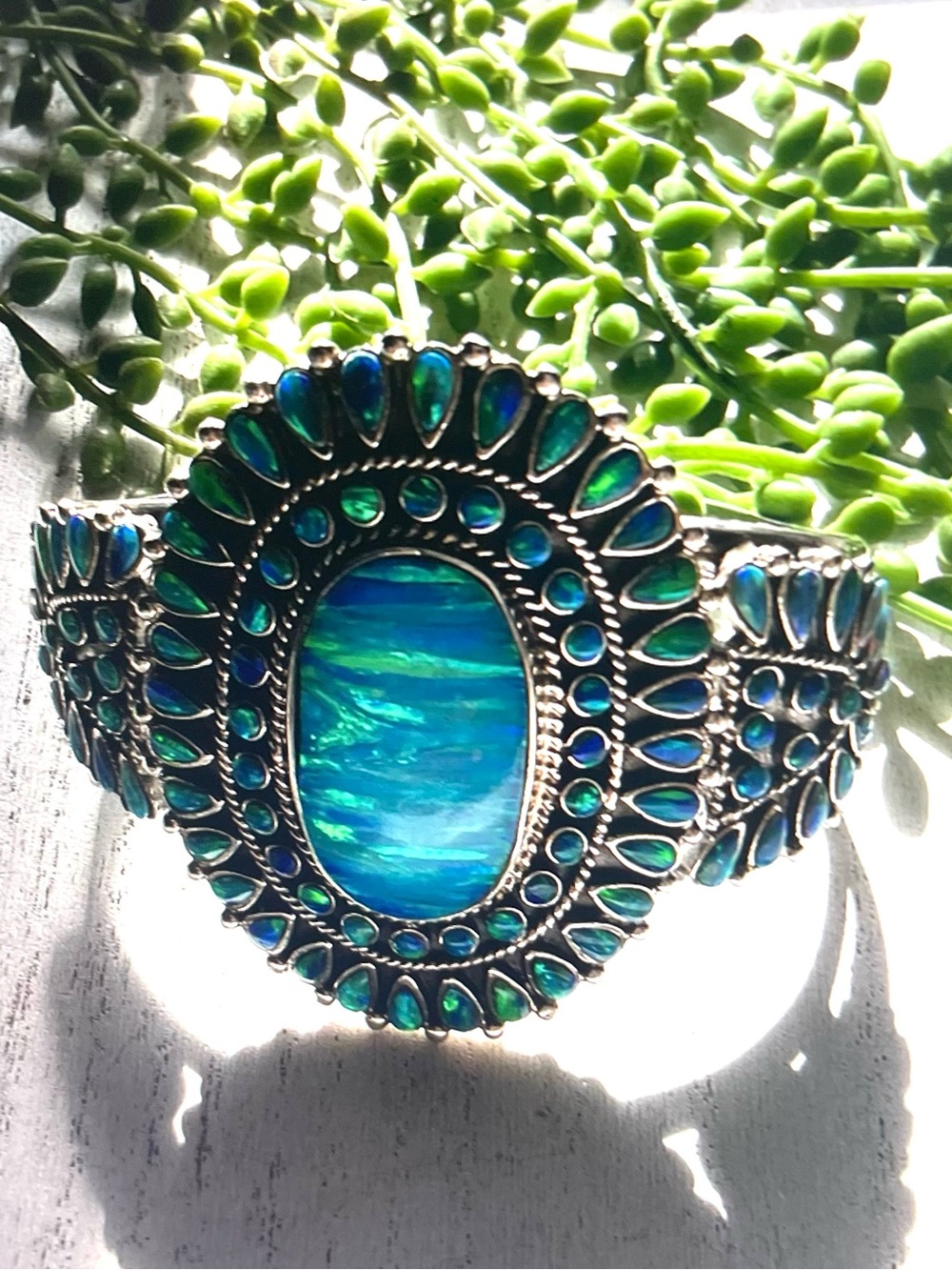 Blue Fire Opal Silver Sterling Bracelet - Women Jewelry